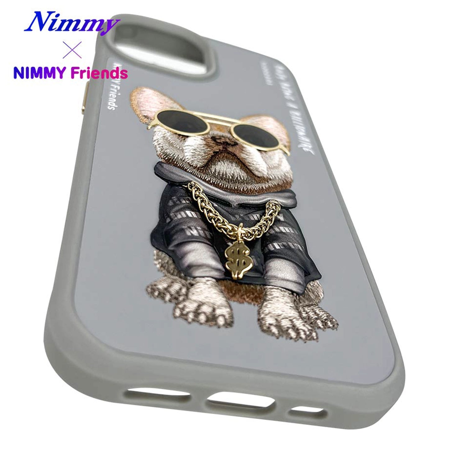 iPhone 15 Nimmy Gerçek Nakışlı ve Zincirli Bulldog Telefon Kılıfı