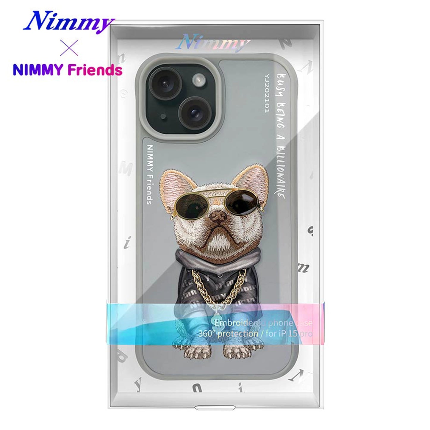 iPhone 15 Nimmy Gerçek Nakışlı ve Zincirli Bulldog Telefon Kılıfı