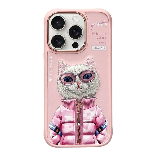 iPhone 16 Pro Nimmy Gerçek Nakışlı ve Pembe Kedi Telefon Kılıfı