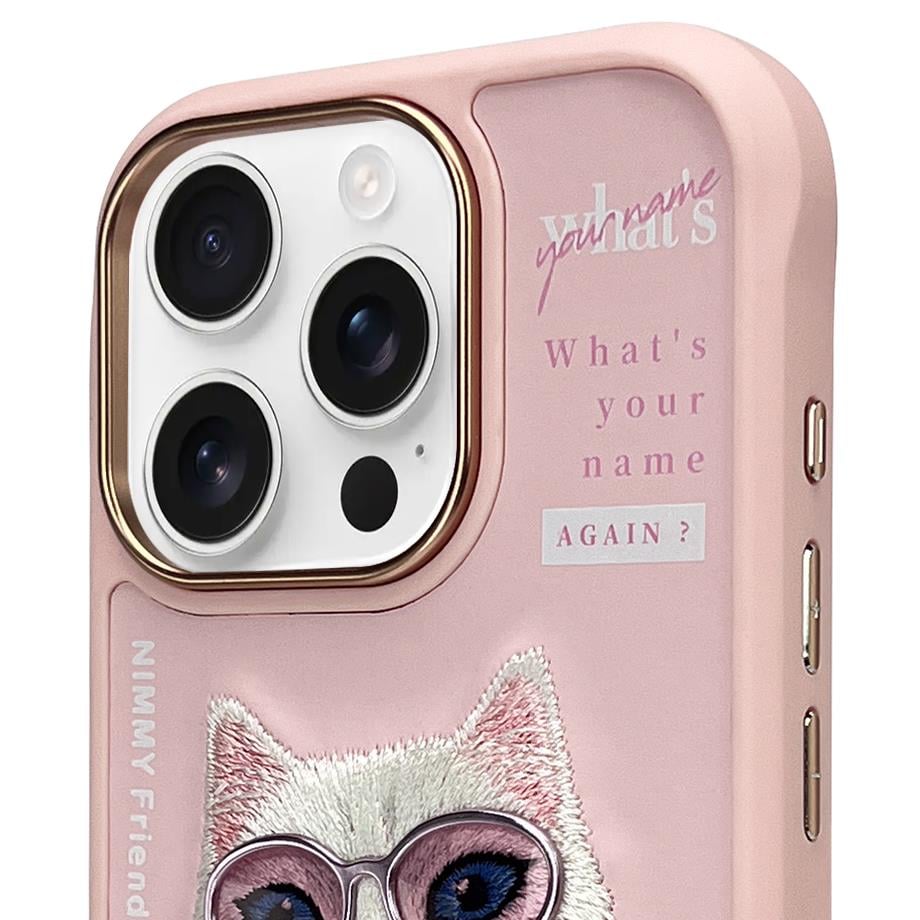 iPhone 16 Pro Max Nimmy Gerçek Nakışlı ve Pembe Kedi Telefon Kılıfı