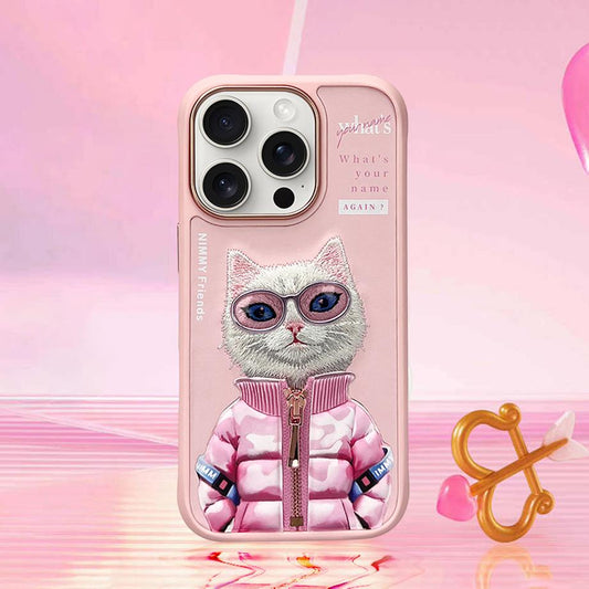 iPhone 16 Pro Nimmy Gerçek Nakışlı ve Pembe Kedi Telefon Kılıfı