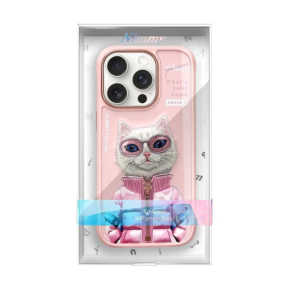 iPhone 16 Pro Max Nimmy Gerçek Nakışlı ve Pembe Kedi Telefon Kılıfı