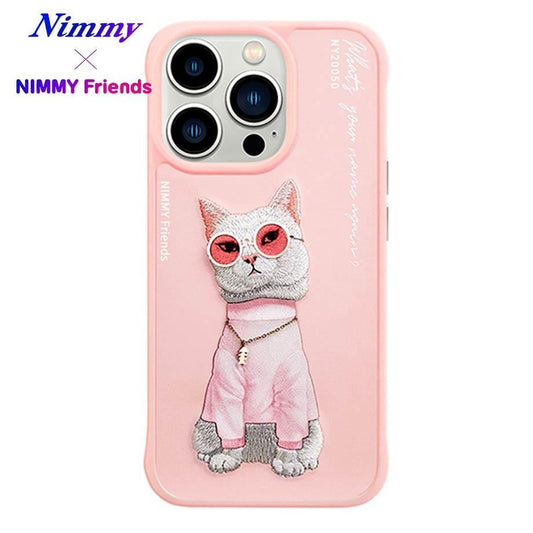 iPhone 15 Pro Nimmy Gerçek Nakışlı ve Uzun Pembe Kedi Telefon Kılıfı