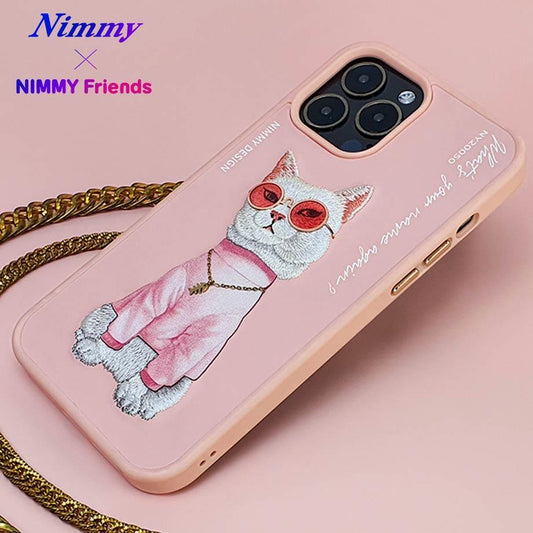 iPhone 15 Pro Nimmy Gerçek Nakışlı ve Uzun Pembe Kedi Telefon Kılıfı