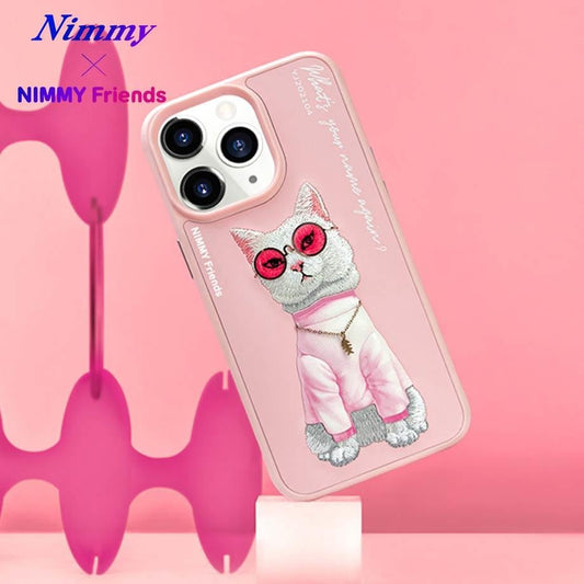 iPhone 15 Pro Nimmy Gerçek Nakışlı ve Uzun Pembe Kedi Telefon Kılıfı