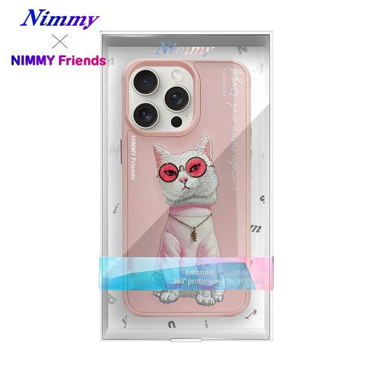 iPhone 15 Pro Nimmy Gerçek Nakışlı ve Uzun Pembe Kedi Telefon Kılıfı