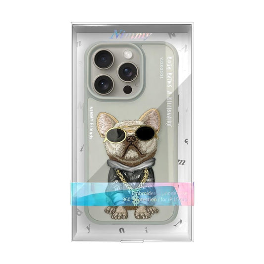 iPhone 16 Pro Max Nimmy Gerçek Nakışlı ve Zincirli Bulldog Telefon Kılıfı