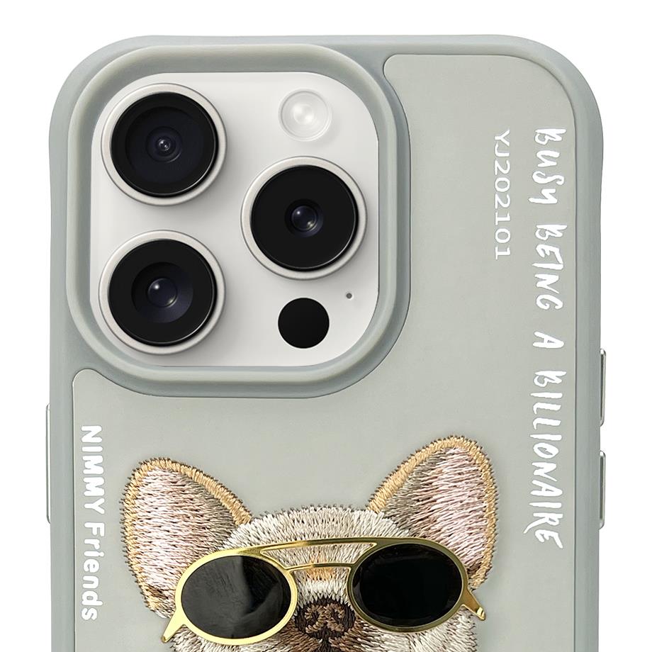 iPhone 14 Pro Max Nimmy Gerçek Nakışlı ve Zincirli Bulldog Telefon Kılıfı