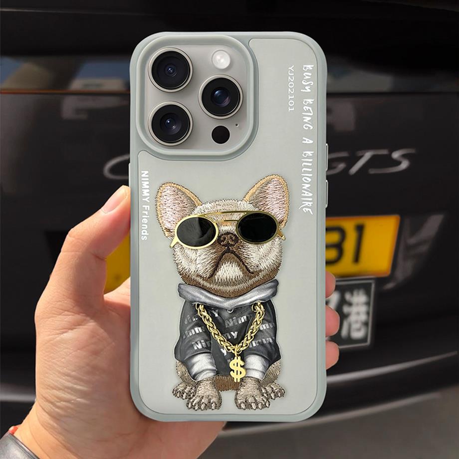 iPhone 14 Pro Max Nimmy Gerçek Nakışlı ve Zincirli Bulldog Telefon Kılıfı