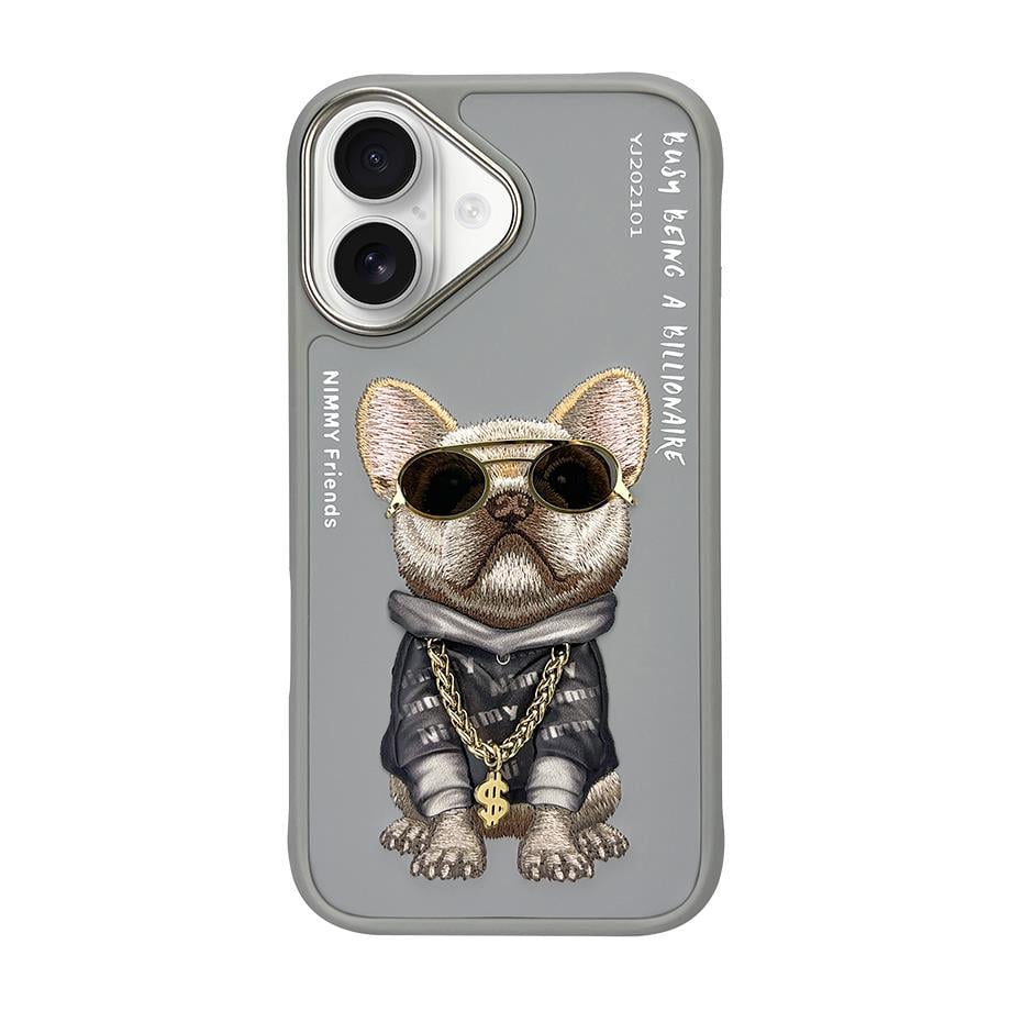 iPhone 16 Nimmy Gerçek Nakışlı ve Zincirli Bulldog Telefon Kılıfı