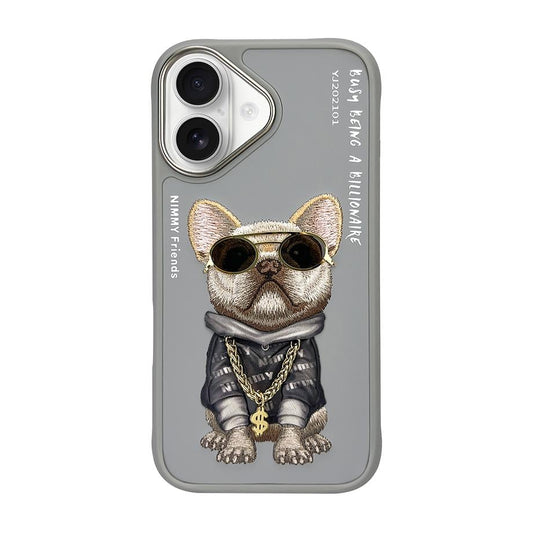 iPhone 16 Nimmy Gerçek Nakışlı ve Zincirli Bulldog Telefon Kılıfı