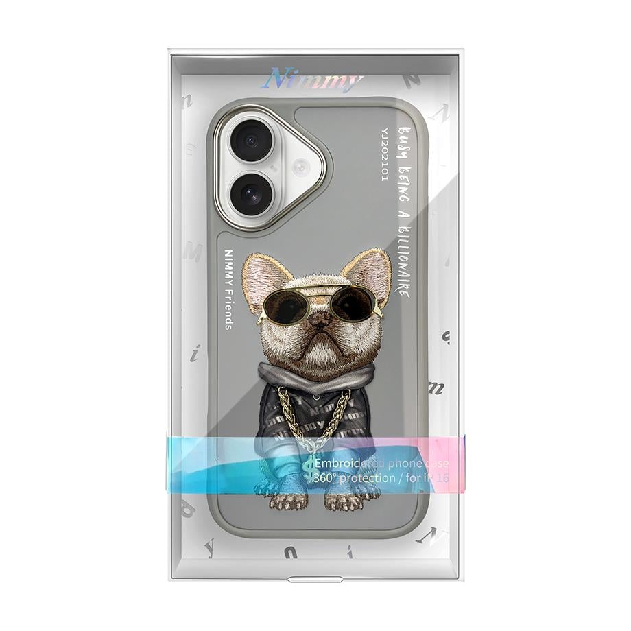 iPhone 16 Nimmy Gerçek Nakışlı ve Zincirli Bulldog Telefon Kılıfı