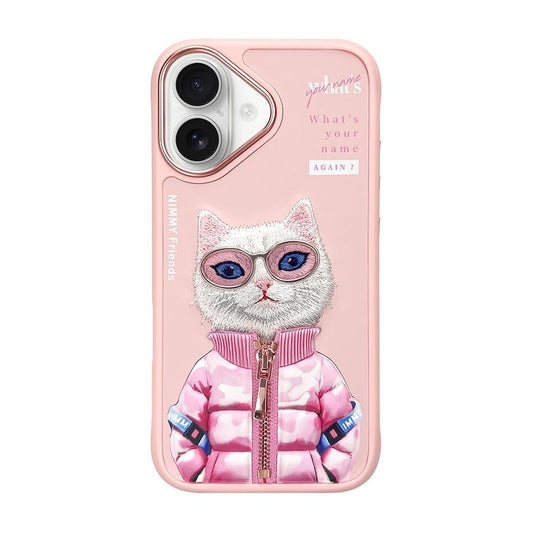 iPhone 16 Nimmy Gerçek Nakışlı ve Pembe Kedi Telefon Kılıfı