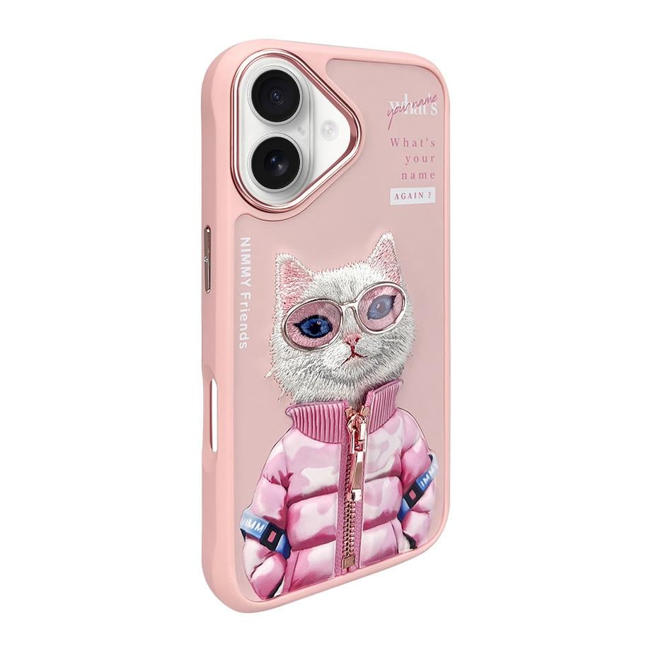 iPhone 16 Nimmy Gerçek Nakışlı ve Pembe Kedi Telefon Kılıfı