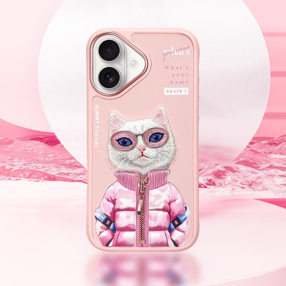 iPhone 16 Nimmy Gerçek Nakışlı ve Pembe Kedi Telefon Kılıfı