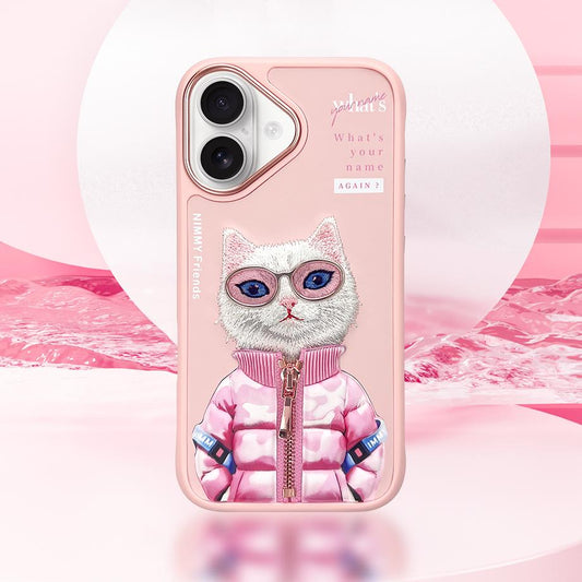 iPhone 16 Nimmy Gerçek Nakışlı ve Pembe Kedi Telefon Kılıfı