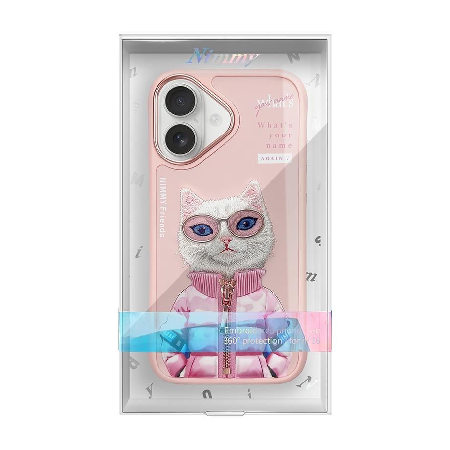 iPhone 16 Nimmy Gerçek Nakışlı ve Pembe Kedi Telefon Kılıfı