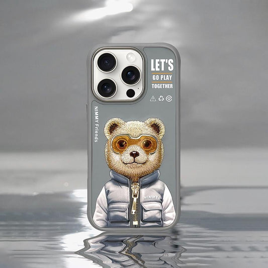 iPhone 16 Pro Nimmy Gerçek Nakışlı ve Gri Ayı Telefon Kılıfı
