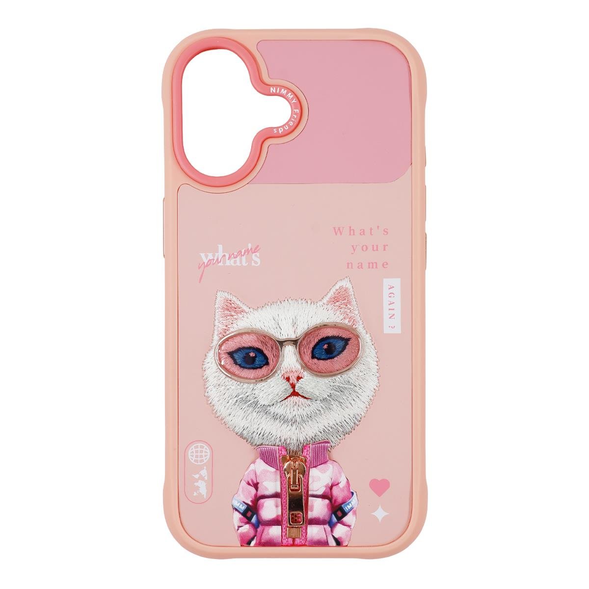 iPhone 17 Nimmy Gerçek Nakışlı ve Pembe Kedi Telefon Kılıfı