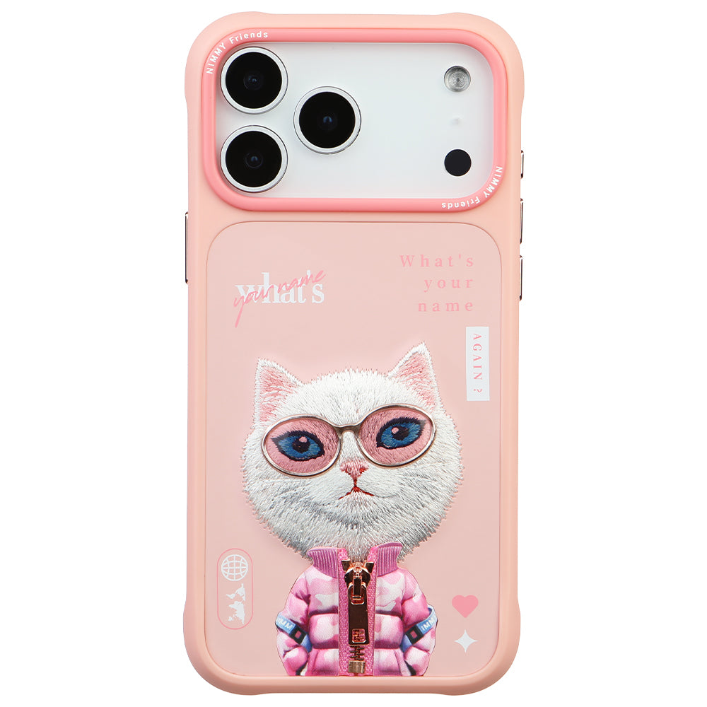 iPhone 17 Pro Max Nimmy Gerçek Nakışlı ve Pembe Kedi Telefon Kılıfı