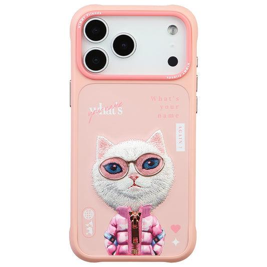 iPhone 17 Pro Max Nimmy Gerçek Nakışlı ve Pembe Kedi Telefon Kılıfı
