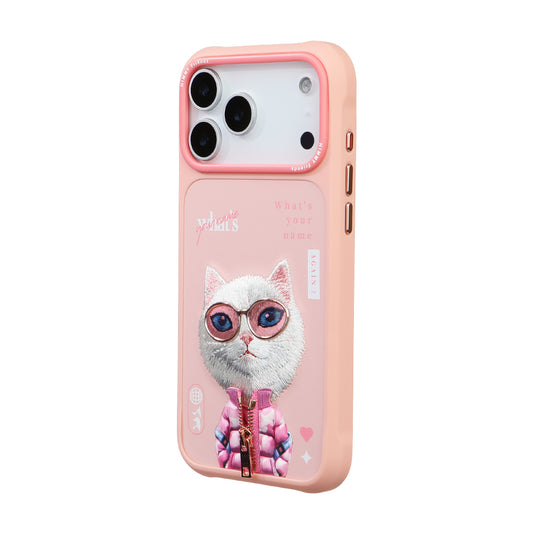 iPhone 17 Pro Max Nimmy Gerçek Nakışlı ve Pembe Kedi Telefon Kılıfı