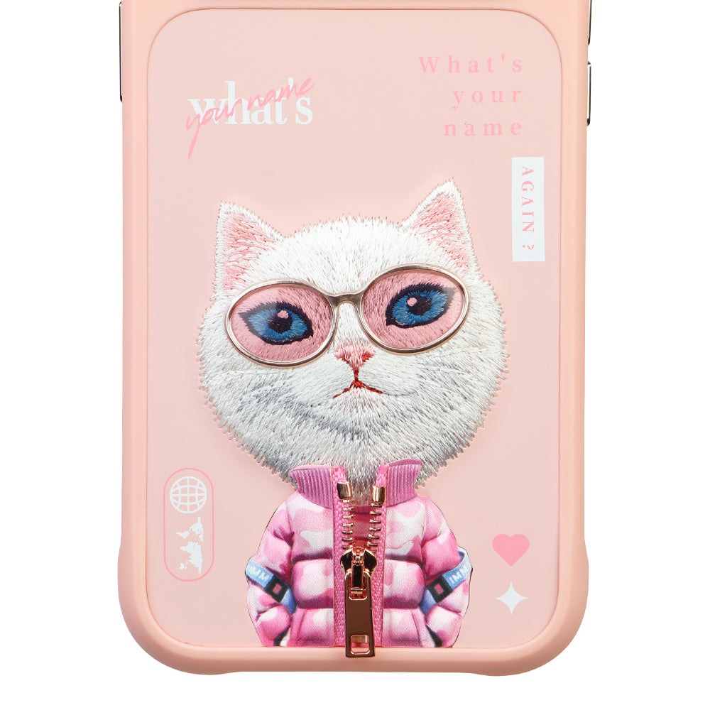 iPhone 17 Pro Max Nimmy Gerçek Nakışlı ve Pembe Kedi Telefon Kılıfı
