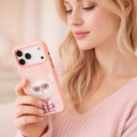 iPhone 17 Pro Max Nimmy Gerçek Nakışlı ve Pembe Kedi Telefon Kılıfı