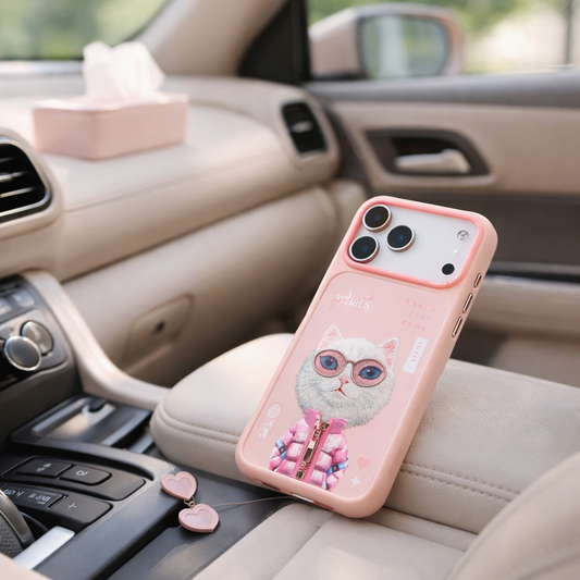 iPhone 17 Pro Max Nimmy Gerçek Nakışlı ve Pembe Kedi Telefon Kılıfı