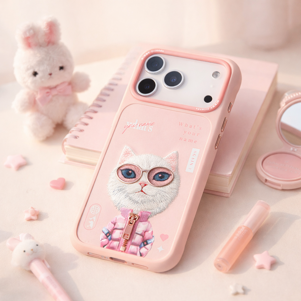 iPhone 17 Pro Max Nimmy Gerçek Nakışlı ve Pembe Kedi Telefon Kılıfı