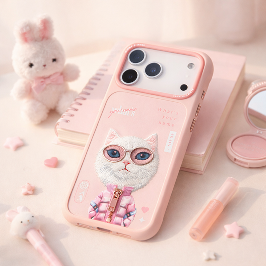 iPhone 17 Pro Max Nimmy Gerçek Nakışlı ve Pembe Kedi Telefon Kılıfı