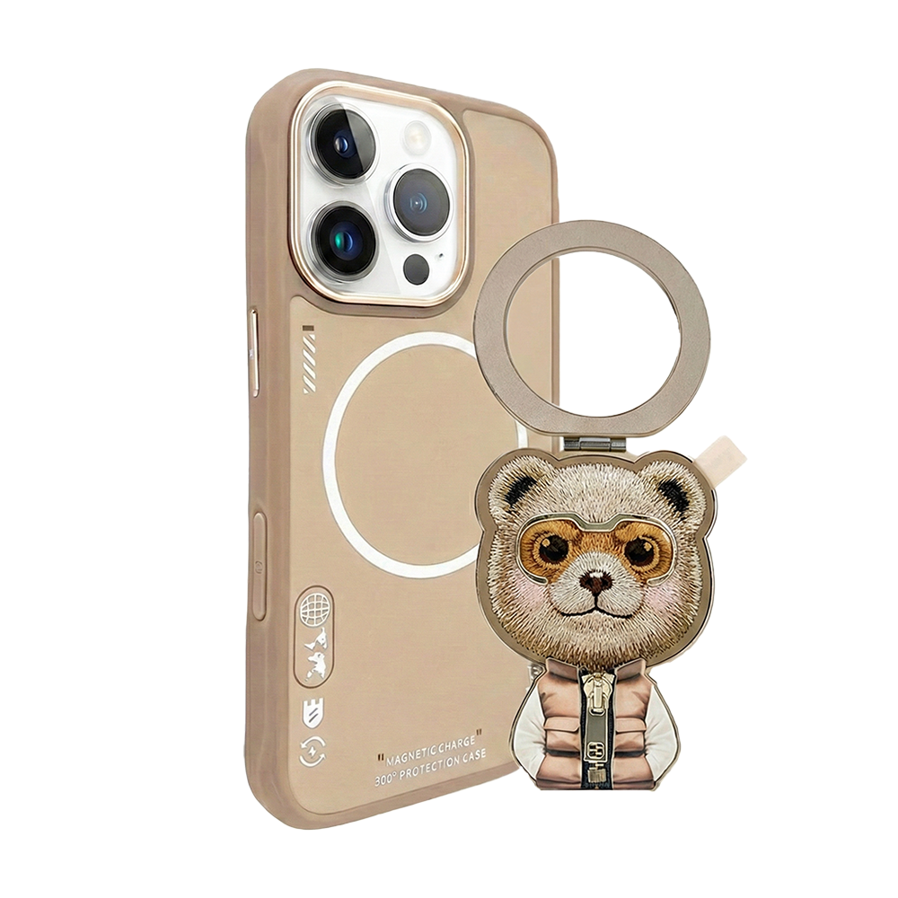 Apple iPhone 14 Pro Max Nimmy Tak-Çıkar Magsafe Standlı Premium Kahve Ayı Telefon Kılıfı