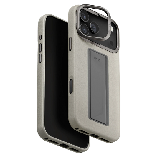 iPhone 17 Pro Max Uniq Standlı ve Tutacaklı Magsafe Vegan Deri Kılıf Gri