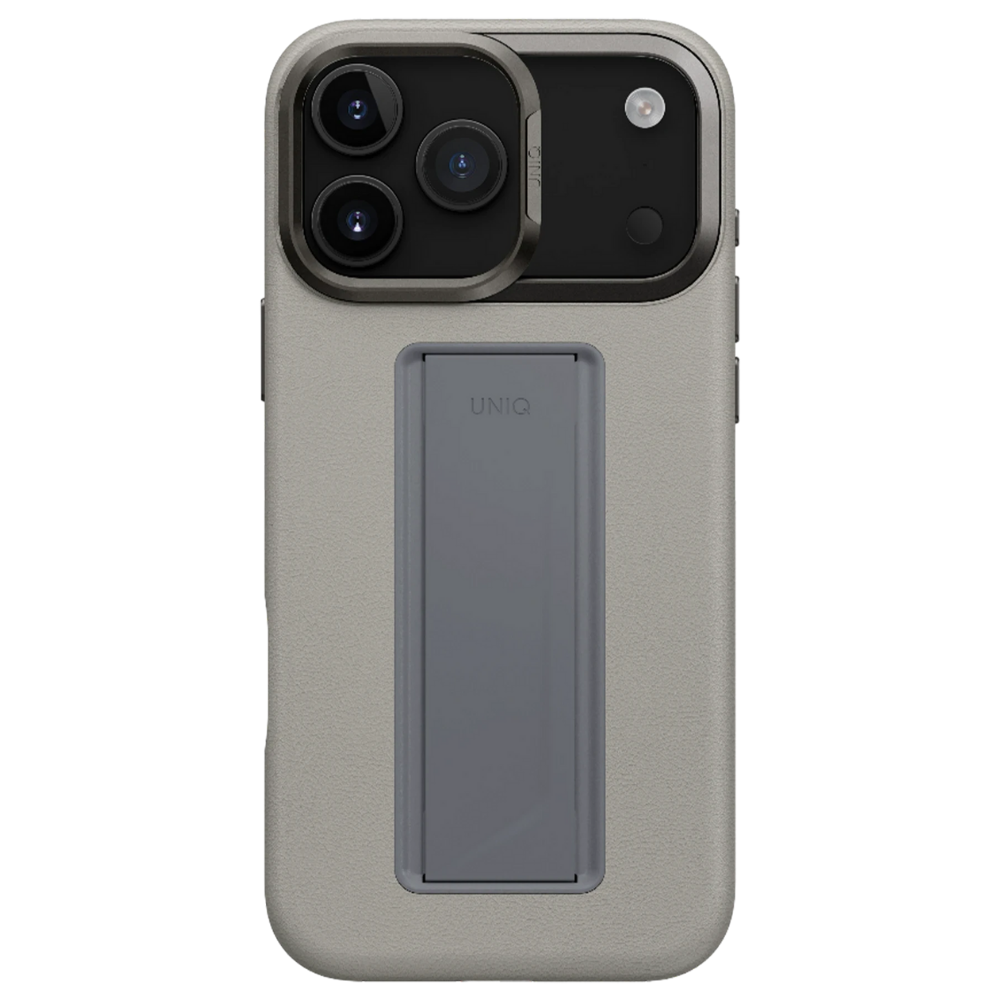 iPhone 17 Pro Max Uniq Standlı ve Tutacaklı Magsafe Vegan Deri Kılıf Gri