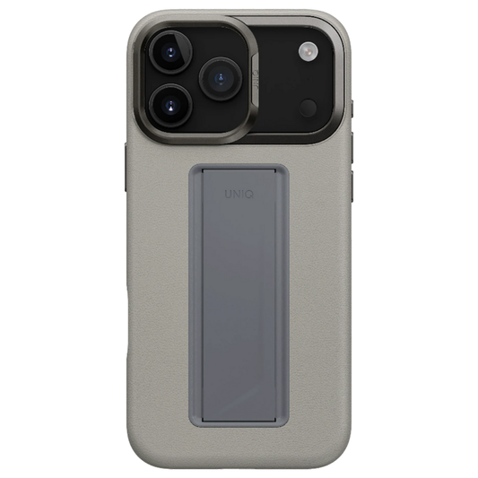 iPhone 17 Pro Max Uniq Standlı ve Tutacaklı Magsafe Vegan Deri Kılıf Gri