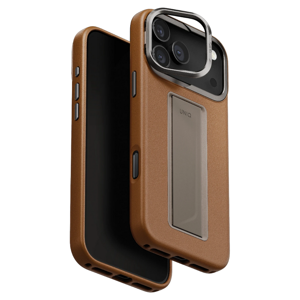 iPhone 17 Pro Max Uniq Standlı ve Tutacaklı Magsafe Vegan Deri Kılıf Kahve