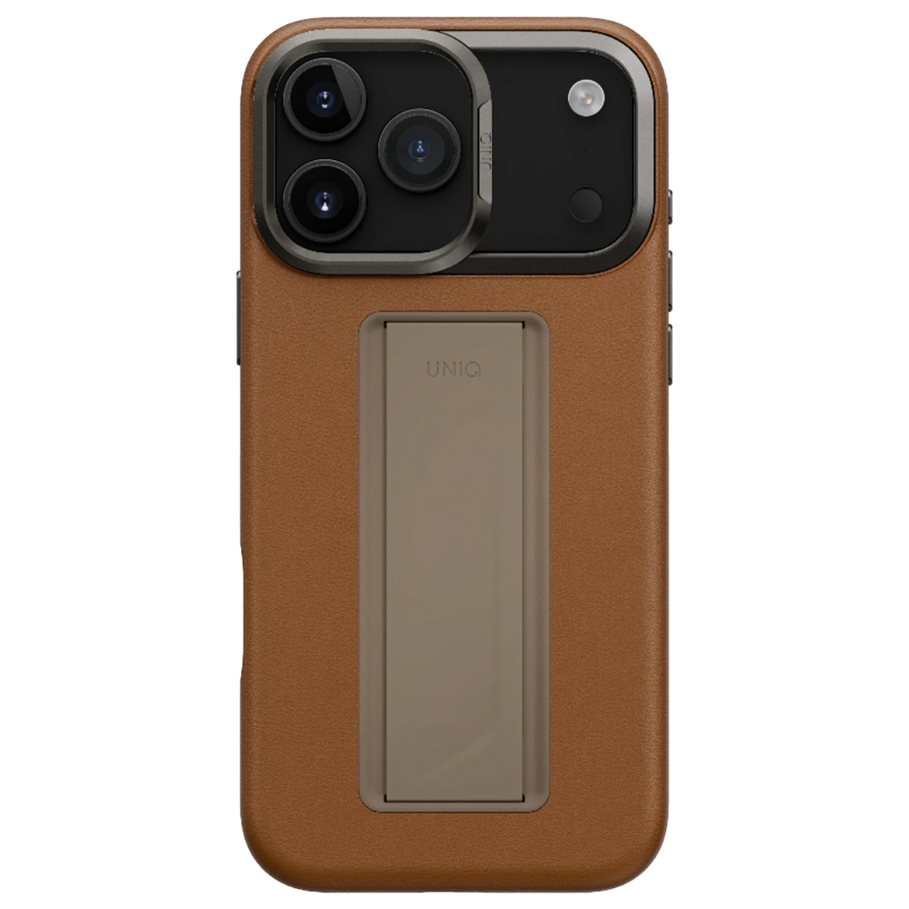 iPhone 17 Pro Max Uniq Standlı ve Tutacaklı Magsafe Vegan Deri Kılıf Kahve