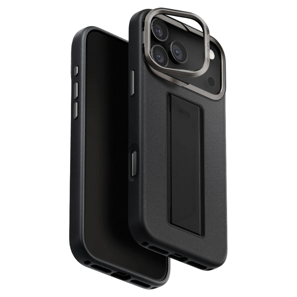 iPhone 17 Pro Uniq Standlı ve Tutacaklı Magsafe Vegan Deri Kılıf Siyah